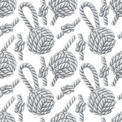 Seamless pattern of knotted ropes cords monkey fist knot. Nautical thread whipcord with loops and noose. Braided, folded, spiral fiber. Illustration hand drawn graphic grey on white background. © Nataliia