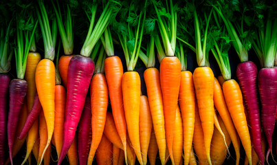 Rainbow carrots close up, vegetable background, top view