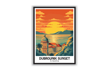 Dubrovnik Sunset, Croatia. Vintage Travel Posters. Famous Tourist Destinations Posters Art Prints Wall Art and Print Set Abstract Travel for Hikers Campers Living Room Decor