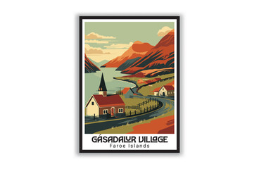 Gásadalur Village, Faroe Islands. Vintage Travel Posters. Famous Tourist Destinations Posters Art Prints Wall Art and Print Set Abstract Travel for Hikers Campers Living Room Decor