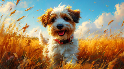 print illustration of cute puppy in the field