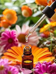 Naturopathic herbal treatment, health care with bach flowers remedy, dropper bottle and pipette; multicolored floral bouquet. Placard for spa and wellness center. Natural medicine; alternative therapy