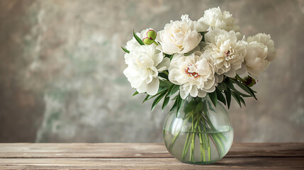 Naklejka na ściany i meble beautiful bouquet of white peonies, bouquet of flowers in a vase