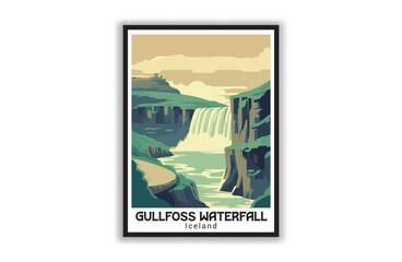 Gullfoss Waterfall, Iceland. Vintage Travel Posters. Famous Tourist Destinations Posters Art Prints Wall Art and Print Set Abstract Travel for Hikers Campers Living Room Decor