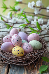 Obraz na płótnie Canvas Happy Easter card and eggs. Selective focus. Generative AI,