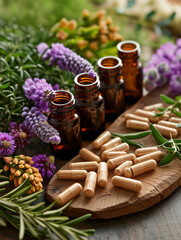 Small bottles of bach flower remedies and lavender. Still life of natural herbalist medicine product with supplements. For spa and healing center. Wellness and healthy life style concept. Ai generated - obrazy, fototapety, plakaty