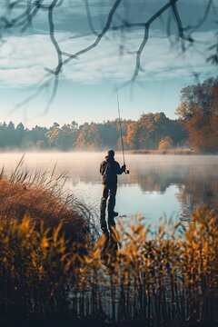 
a man is holding a fishing pole near a lake, in the style of precisionist lines, sculpted, fujifilm pro 400h, uhd image, pictorial storytelling, backlit photography,