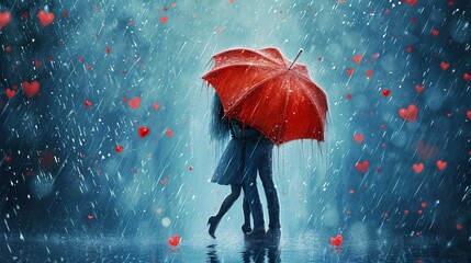 Loving couple under an umbrella in rainy weather made with Ai generative technology