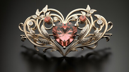 gold plated brooch in the shape of heart with peach crystal in the middle, gift to loved woman for Valentine Day