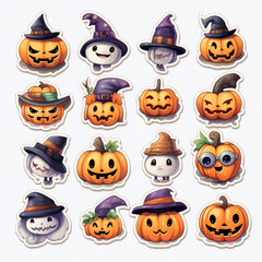 Cute halloween object illustration sticker set, white background