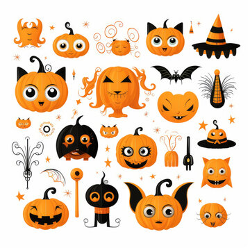 Cute halloween object illustration sticker set, white background