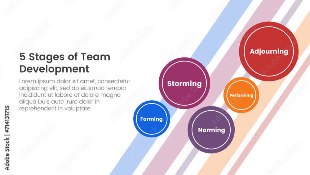 Wall mural 5 stages team development model framework infographic 5 point stage template with small circle sprea