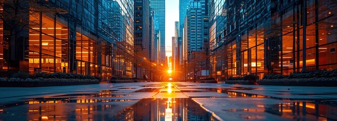 Reflective skyscrapers in the heart of the business district, capturing the essence of modern architecture and city life in the afternoon glow, business office buildings
 - obrazy, fototapety, plakaty