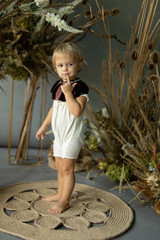 small child in a costume and fairy-tale decorations