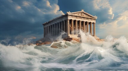 Roman temples in front of big waves in the sea made with Ai generative technology