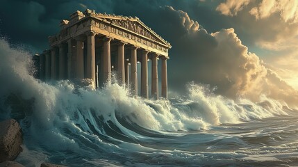 Roman temples in front of big waves in the sea made with Ai generative technology - obrazy, fototapety, plakaty