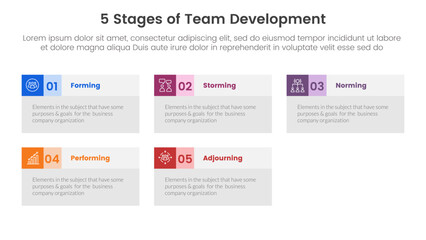 5 stages team development model framework infographic 5 point stage template with big box table information for slide presentation