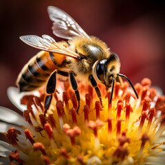 Macro shot of a bee pollinating a flower. 