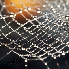 Macro shot of a delicate spiderweb covered in dew