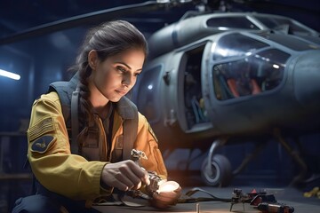 Female helicopter mechanic checking parts with flashlight
