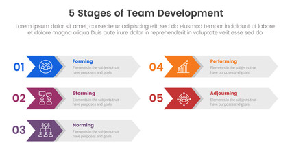5 stages team development model framework infographic 5 point stage template with arrow on rectangle box right direction for slide presentation