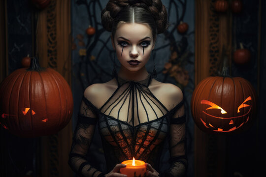 Dark color and jack lantern background, woman in costume for halloween