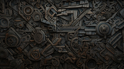 Dark color mechanical shapes metal textured surface background - obrazy, fototapety, plakaty