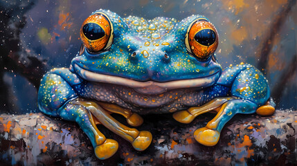 blue frog with orange eyes - obrazy, fototapety, plakaty