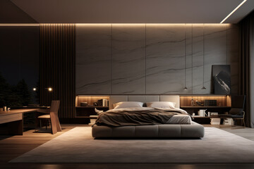 Dark color minimal bedroom interior design with bed and luxury decoration