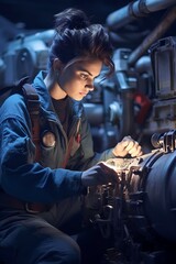 Fototapeta na wymiar Female helicopter mechanic checking parts with flashlight