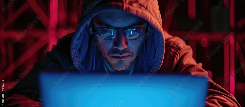 Poster male hacker using tools to gain unauthorized access and steal data online.