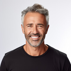 Obraz premium Studio portrait of a older man smiling with a modern haircut. Advertisement for dental, business, studio, etc.