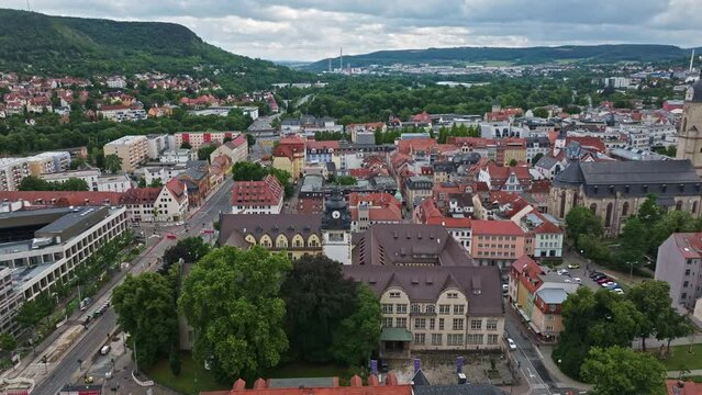 Aerial drone view of the historic old town of Jena in Thuringia, Germany