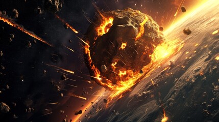 a huge gigantic burning asteroid in space flyng towards the planet earth - obrazy, fototapety, plakaty