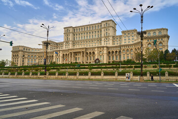 Street side view of the Palace of the Parliament in central Bucharest