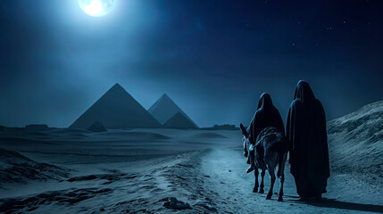 The Holy Family flees to Egypt. Nocturnal journey under the cover of darkness. Copy Space.