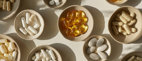 Assorted supplements in ceramic dishes, a modern tableau of health and wellness - obrazy, fototapety, plakaty