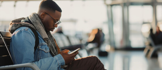 Traveler engrossed in his phone awaits his flight in the quiet hum of the airport lounge - obrazy, fototapety, plakaty