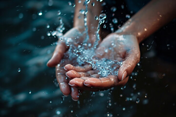 Life's essence captured in hands cupping a splash of crystalline water, a moment frozen in time