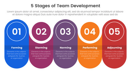 5 stages team development model framework infographic 5 point stage template with round rectangle with circle combination timeline for slide presentation