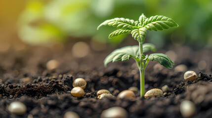 Closeup 1 week old Cannabis plant in soil - obrazy, fototapety, plakaty