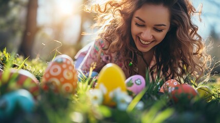 A joyful woman participating in an Easter egg search, stooping to retrieve a secret surprise with delight - obrazy, fototapety, plakaty