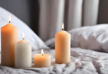 Fototapeta na wymiar Air reed freshener and burning candles on bed indoors, space for text.AI generated