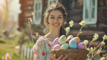 A single woman with a genuine smile, holding a basket of hand-painted Easter eggs in a charming outdoor setting - obrazy, fototapety, plakaty