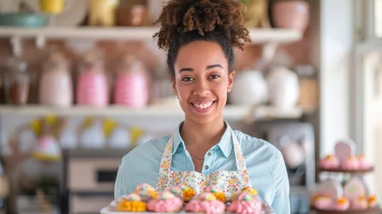 Foto op Plexiglas A woman with a bright smile holding a tray of freshly baked Easter treats, ready for a festive gathering © Stone Shoaib