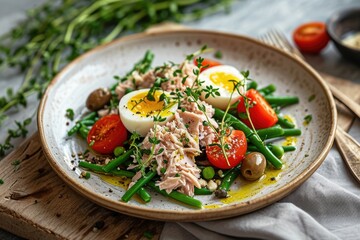 Savor the Vibrant and Colorful Palette of Salade Niçoise, a Refreshing Salad Originating from Nice, Bursting with Tuna, Eggs, Tomatoes, Olives, and Green Beans