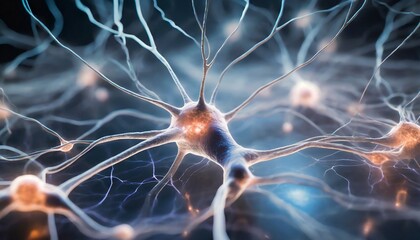 Neuron cells with electrical pulses. Neurons activity. Medical background