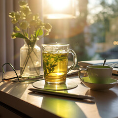 cup of green tea on table