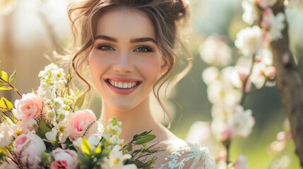A close-up of a happy woman clutching a bouquet of spring flowers, wearing a sophisticated Easter dress, and beaming with joy - obrazy, fototapety, plakaty