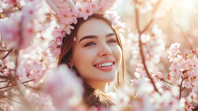 A woman with a joyful expression, wearing an Easter bunny headband, surrounded by blooming cherry blossoms